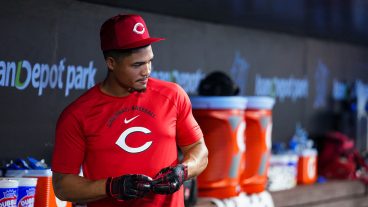 MIAMI, FL - APRIL 06: Noelvi Marte #4 of the Cincinnati Reds looks on from the dugout prior to the game between the Cincinnati Reds and the Miami Marlins at loanDepot park on Monday, April 6, 2026 in Miami, Florida. (Photo by Lucas Casel/MLB Photos via Getty Images)