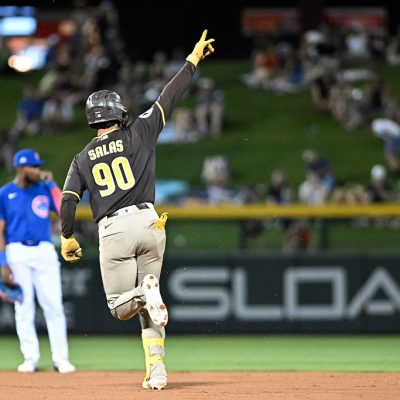 MESA, ARIZONA - MARCH 21, 2026: Ethan Salas #90 of the San Diego Padres runs the bases after hitting a three-run home run during the fifth inning of a spring training Spring Breakout game against the Chicago Cubs at Sloan Park on March 21, 2026 in Mesa, Arizona. (Photo by David Durochik/Diamond Images via Getty Images)