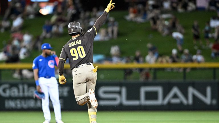 MESA, ARIZONA - MARCH 21, 2026: Ethan Salas #90 of the San Diego Padres runs the bases after hitting a three-run home run during the fifth inning of a spring training Spring Breakout game against the Chicago Cubs at Sloan Park on March 21, 2026 in Mesa, Arizona. (Photo by David Durochik/Diamond Images via Getty Images)