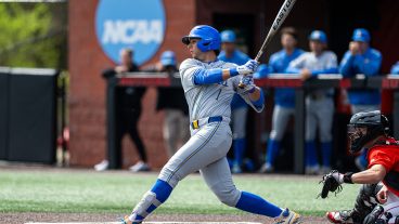 Roch Cholowsky of the UCLA Bruins hits the ball during an NCAA baseball game at Bainton Field in Piscataway, United States, on April 12, 2026. (Photo by Dan Squicciarini/NurPhoto via Getty Images)