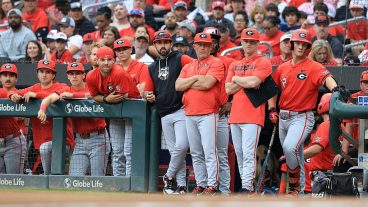 ATLANTA, GA - APRIL 21: The Georgia baseball team up on the dugout rail during the Tuesday evening men's college baseball game between the Georgia Bulldogs and the Georgia Tech Yellow Jackets on April 21, 2026 at Truist Park in Atlanta, GA. (Photo by David J. Griffin/Icon Sportswire via Getty Images)