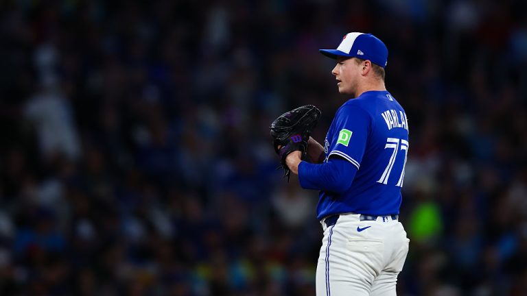 TORONTO, CANADA - APRIL 25: Louis Varland #77 of the Toronto Blue Jays prepares to pitch in the ninth inning of an MLB game against the Cleveland Guardians at Rogers Centre on April 25, 2026 in Toronto, Ontario, Canada. (Photo by Cole Burston/Getty Images)