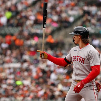 BALTIMORE, MD - APRIL 25: Jarren Duran #16 of the Boston Red Sox at bat against the Baltimore Orioles