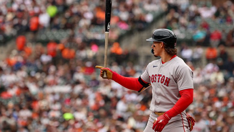 BALTIMORE, MD - APRIL 25: Jarren Duran #16 of the Boston Red Sox at bat against the Baltimore Orioles