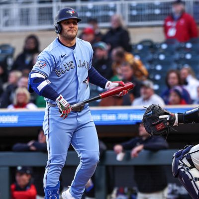 MINNEAPOLIS, MINNESOTA - APRIL 30: Daulton Varsho #5 of the Toronto Blue Jays reacts to a strikeout against the Minnesota Twins during the first inning at Target Field on April 30, 2026 in Minneapolis, Minnesota. The Twins defeated the Blue Jays 7-1. (Photo by Steven Garcia/Getty Images)
