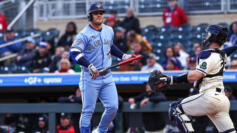 MINNEAPOLIS, MINNESOTA - APRIL 30: Daulton Varsho #5 of the Toronto Blue Jays reacts to a strikeout against the Minnesota Twins during the first inning at Target Field on April 30, 2026 in Minneapolis, Minnesota. The Twins defeated the Blue Jays 7-1. (Photo by Steven Garcia/Getty Images)