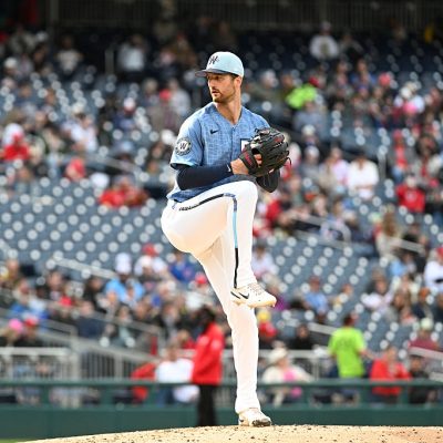 WASHINGTON, DISTRICT OF COLUMBIA - MAY 2, 2026: Foster Griffin #22 of the Washington Nationals throws a pitch during the fourth inning of a game against the Milwaukee Brewers at Nationals Park on May 2, 2026 in Washington, District of Columbia. The Brewers beat the Nationals, 4-1. (Photo by Diamond Images via Getty Images)
