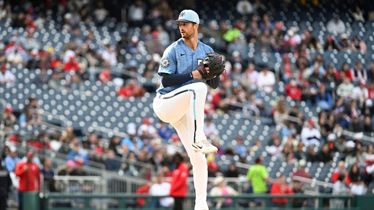 WASHINGTON, DISTRICT OF COLUMBIA - MAY 2, 2026: Foster Griffin #22 of the Washington Nationals throws a pitch during the fourth inning of a game against the Milwaukee Brewers at Nationals Park on May 2, 2026 in Washington, District of Columbia. The Brewers beat the Nationals, 4-1. (Photo by Diamond Images via Getty Images)