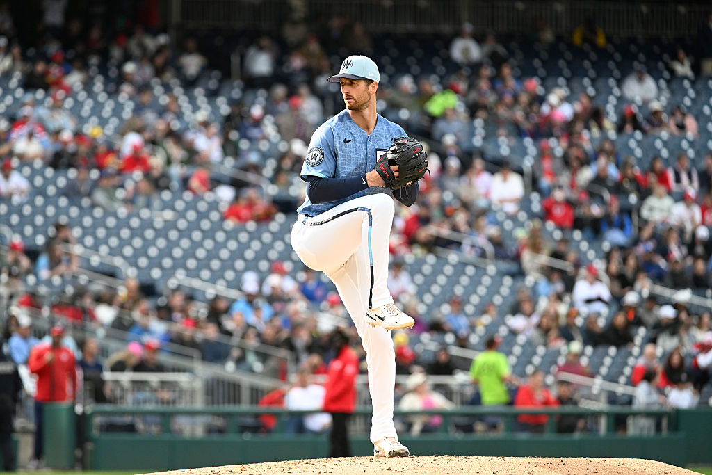 WASHINGTON, DISTRICT OF COLUMBIA - MAY 2, 2026: Foster Griffin #22 of the Washington Nationals throws a pitch during the fourth inning of a game against the Milwaukee Brewers at Nationals Park on May 2, 2026 in Washington, District of Columbia. The Brewers beat the Nationals, 4-1. (Photo by Diamond Images via Getty Images)