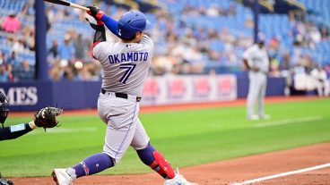 ST PETERSBURG, FLORIDA - MAY 06: Kazuma Okamoto #7 of the Toronto Blue Jays hits a foul in the fourth inning against the Tampa Bay Rays at Tropicana Field on May 06, 2026 in St Petersburg, Florida. (Photo by Julio Aguilar/Getty Images)