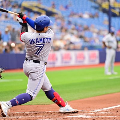 ST PETERSBURG, FLORIDA - MAY 06: Kazuma Okamoto #7 of the Toronto Blue Jays hits a foul in the fourth inning against the Tampa Bay Rays at Tropicana Field on May 06, 2026 in St Petersburg, Florida. (Photo by Julio Aguilar/Getty Images)