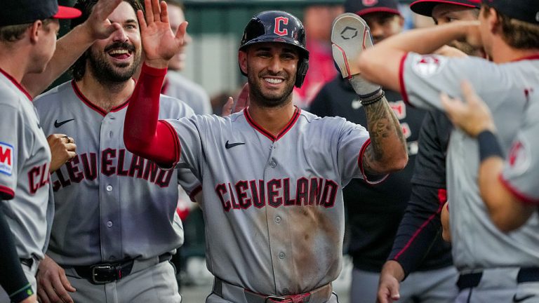 DETROIT, MICHIGAN - MAY 18: Brayan Rocchio #4 of the Cleveland Guardians celebrates with teammates after scoring a run against the Detroit Tigers during the top of the fifth inning at Comerica Park on May 18, 2026 in Detroit, Michigan. (Photo by Nic Antaya/Getty Images)