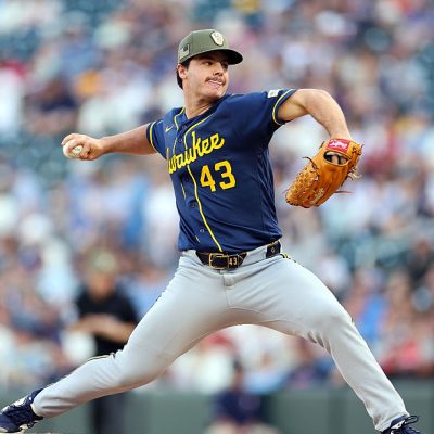 MINNEAPOLIS, MINNESOTA - MAY 16: Logan Henderson #43 of the Milwaukee Brewers delivers a pitch against the Minnesota Twins in the second inning at Target Field on May 16, 2026 in Minneapolis, Minnesota. The Brewers defeated the Twins 2-1. (Photo by David Berding/Getty Images)