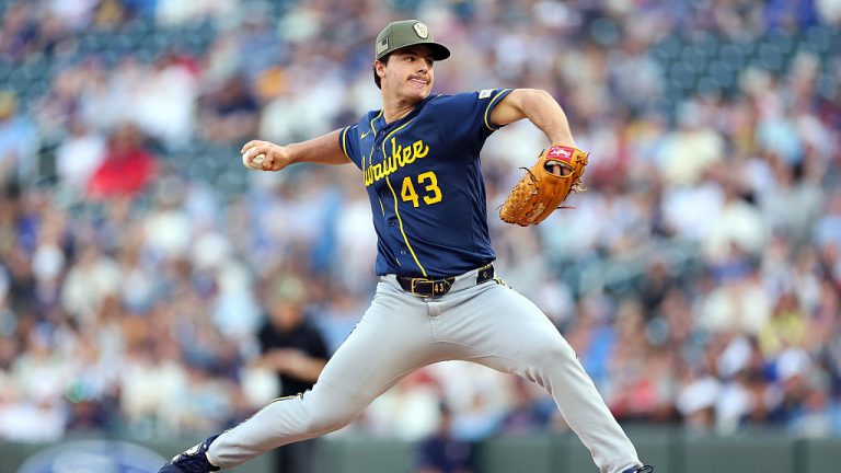 MINNEAPOLIS, MINNESOTA - MAY 16: Logan Henderson #43 of the Milwaukee Brewers delivers a pitch against the Minnesota Twins in the second inning at Target Field on May 16, 2026 in Minneapolis, Minnesota. The Brewers defeated the Twins 2-1. (Photo by David Berding/Getty Images)