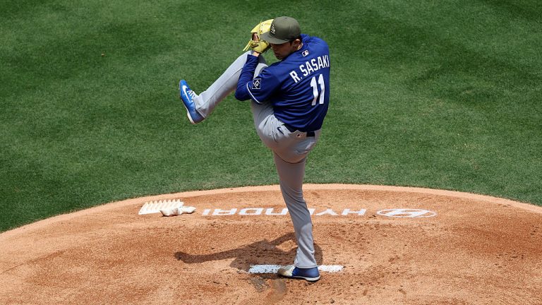 ANAHEIM, CALIFORNIA - MAY 17: Roki Sasaki #11 of the Los Angeles Dodgers pitches during a game against the Los Angeles Angels at Angel Stadium of Anaheim on May 17, 2026 in Anaheim, California. (Photo by Sean M. Haffey/Getty Images)