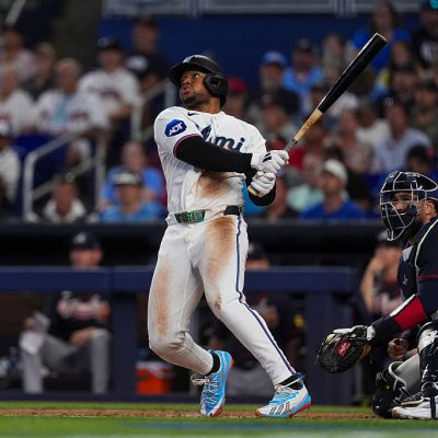 MIAMI, FLORIDA - MAY 19: Xavier Edwards #9 of the Miami Marlins in the game against the Atlanta Braves at loanDepot park on May 19, 2026 in Miami, Florida. (Photo by Jasen Vinlove/Miami Marlins/Getty Images)