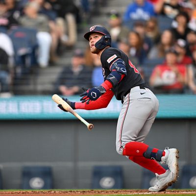 CLEVELAND, OHIO - MAY 25: Curtis Mead #45 of the Washington Nationals watches his solo home run during the fifth inning against the Cleveland Guardians at Progressive Field on May 25, 2026 in Cleveland, Ohio. (Photo by Nick Cammett/Getty Images)