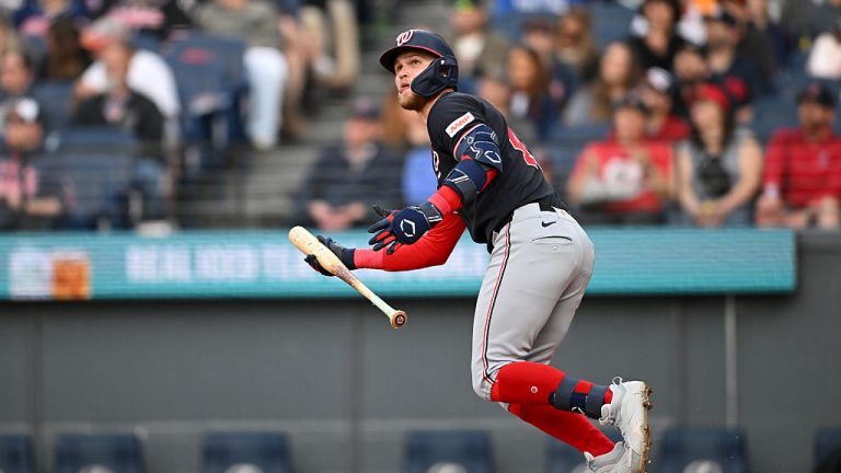 CLEVELAND, OHIO - MAY 25: Curtis Mead #45 of the Washington Nationals watches his solo home run during the fifth inning against the Cleveland Guardians at Progressive Field on May 25, 2026 in Cleveland, Ohio. (Photo by Nick Cammett/Getty Images)