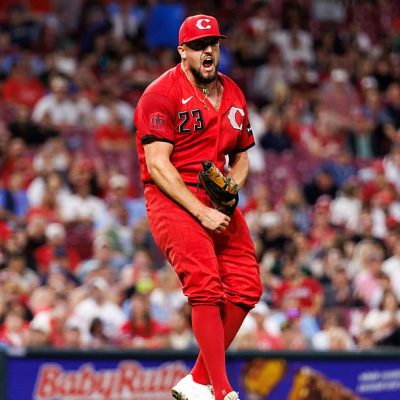CINCINNATI, OHIO - MAY 23: Graham Ashcraft #23 of the Cincinnati Reds celebrates after striking out Jordan Walker #18 of the St. Louis Cardinals in the seventh inning at Great American Ball Park on May 23, 2026 in Cincinnati, Ohio. (Photo by Caleb Bowlin/Getty Images)