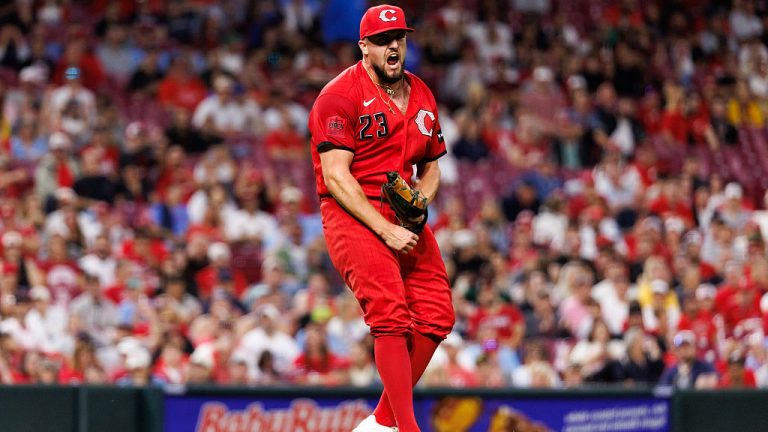 CINCINNATI, OHIO - MAY 23: Graham Ashcraft #23 of the Cincinnati Reds celebrates after striking out Jordan Walker #18 of the St. Louis Cardinals in the seventh inning at Great American Ball Park on May 23, 2026 in Cincinnati, Ohio. (Photo by Caleb Bowlin/Getty Images)
