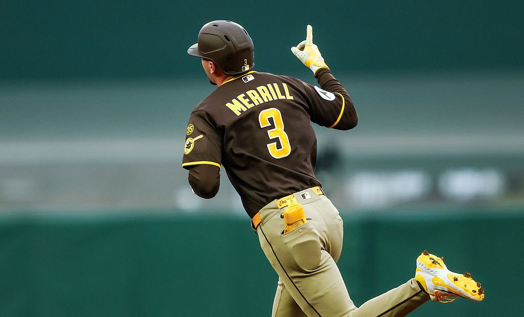 SAN FRANCISCO, CA - MAY 04: San Diego Padres center fielder Jackson Merrill (3) makes a hand gesture after hitting a home run during a MLB game between the San Diego Padres and the San Francisco Giants on May 04, 2026 at Oracle Park in San Francisco, CA. (Photo by Trinity Machan/Icon Sportswire via Getty Images)