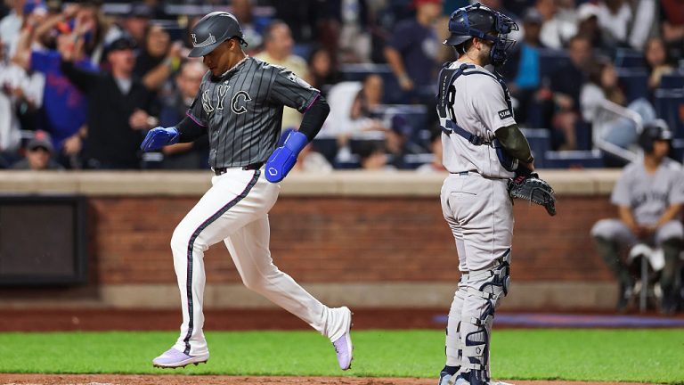 NEW YORK, NEW YORK - MAY 16: Juan Soto #22 of the New York Mets runs into home plate to score during the fifth inning against the New York Yankees at Citi Field on May 16, 2026 in the Queens borough of New York City. (Photo by Ishika Samant/Getty Images)