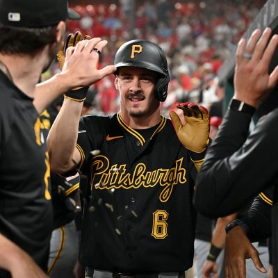 ST. LOUIS, MO - MAY 19: Konnor Griffin #6 of the Pittsburgh Pirates celebrates in the dugout during the game between the Pittsburgh Pirates and the St. Louis Cardinals at Busch Stadium on Tuesday, May 19, 2026 in St. Louis, Missouri. (Photo by Ali Overstreet/MLB Photos via Getty Images)