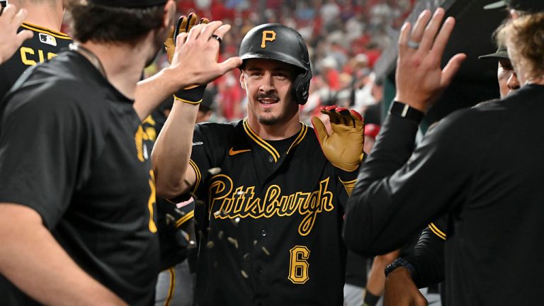ST. LOUIS, MO - MAY 19: Konnor Griffin #6 of the Pittsburgh Pirates celebrates in the dugout during the game between the Pittsburgh Pirates and the St. Louis Cardinals at Busch Stadium on Tuesday, May 19, 2026 in St. Louis, Missouri. (Photo by Ali Overstreet/MLB Photos via Getty Images)