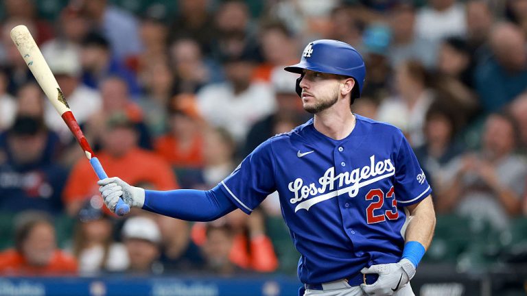 HOUSTON, TEXAS - MAY 05: Kyle Tucker #23 of the Los Angeles Dodgers in action during an at bat in the first inning of the game against the Houston Astros at Daikin Park on May 05, 2026 in Houston, Texas. (Photo by Kenneth Richmond/Getty Images)