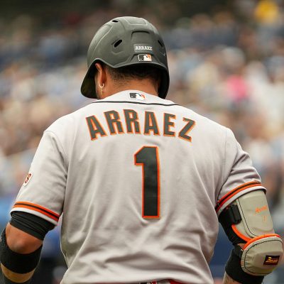 ST PETERSBURG, FLORIDA - MAY 03: Second baseman Luis Arraez #1 of the San Francisco Giants heads to the plate against the Tampa Bay Rays at Tropicana Field on May 03, 2026 in St Petersburg, Florida. (Photo by Calvin Hernandez/Getty Images)