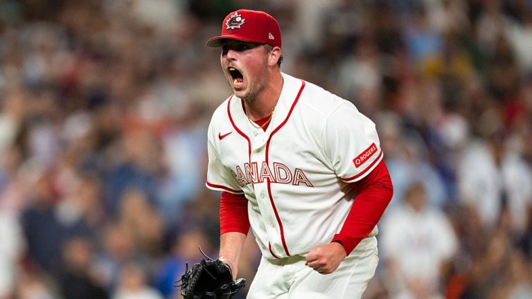 HOUSTON, TEXAS - MARCH 13: Matt Wilkinson #35 of Canada reacts to an out in the eighth inning during a game between the United States and Canada at Daikin Park on March 13, 2026 in Houston, Texas. (Photo by Houston Astros/Getty Images)