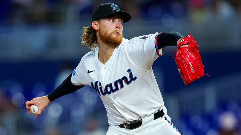 MIAMI, FLORIDA - MAY 18: Max Meyer #23 of the Miami Marlins pitches in the first inning against the Atlanta Braves at loanDepot park on May 18, 2026 in Miami, Florida. (Photo by Kelly Gavin/Getty Images)