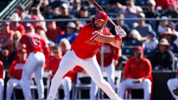 TEMPE, ARIZONA - FEBRUARY 21: Niko Kavadas #66 of the Los Angeles Angels at bat during the spring training game against the Los Angeles Dodgers at Tempe Diablo Stadium on February 21, 2026 in Tempe, Arizona. (Photo by Ric Tapia/Getty Images)