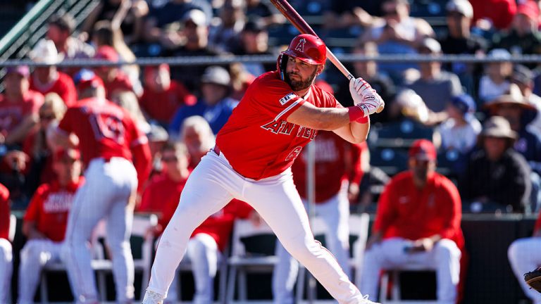 TEMPE, ARIZONA - FEBRUARY 21: Niko Kavadas #66 of the Los Angeles Angels at bat during the spring training game against the Los Angeles Dodgers at Tempe Diablo Stadium on February 21, 2026 in Tempe, Arizona. (Photo by Ric Tapia/Getty Images)