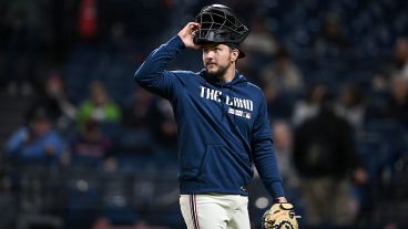 CLEVELAND, OHIO - MAY 09: Patrick Bailey #16 of the Cleveland Guardians looks on during the tenth inning against the Minnesota Twins at Progressive Field on May 09, 2026 in Cleveland, Ohio. (Photo by Nick Cammett/Getty Images)
