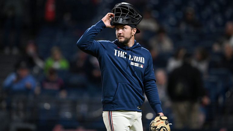 CLEVELAND, OHIO - MAY 09: Patrick Bailey #16 of the Cleveland Guardians looks on during the tenth inning against the Minnesota Twins at Progressive Field on May 09, 2026 in Cleveland, Ohio. (Photo by Nick Cammett/Getty Images)