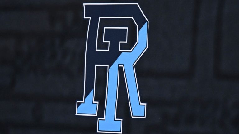 WASHINGTON, DC - MARCH 11: The Rhode Island Rams logo on display during the Quarterfinals of the 2022 Atlantic 10 Men's Basketball Tournament at Capital One Arena on March 11, 2022 in Washington, DC. (Photo by G Fiume/Getty Images)