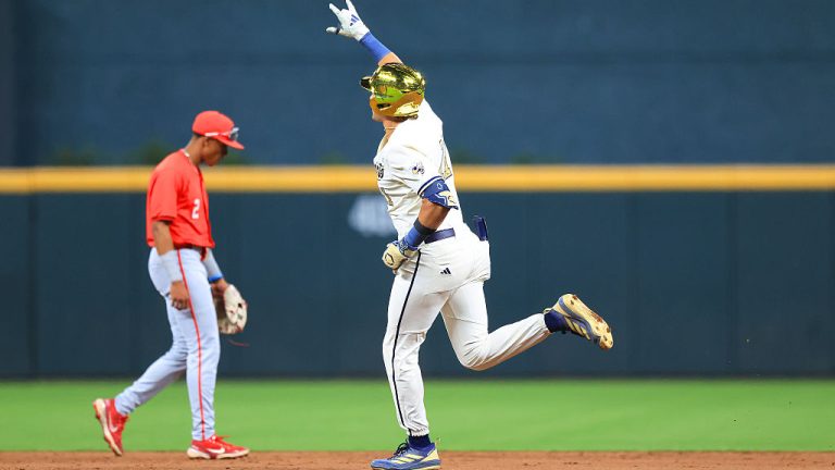 ATLANTA, GA - APRIL 21: Ryan Zuckerman (11) of the Georgia Tech Yellow Jackets celebrates his home run in the 5th inning during the Tuesday evening men's college baseball game between the Georgia Bulldogs and the Georgia Tech Yellow Jackets on April 21, 2026 at Truist Park in Atlanta, GA. (Photo by David J. Griffin/Icon Sportswire via Getty Images)