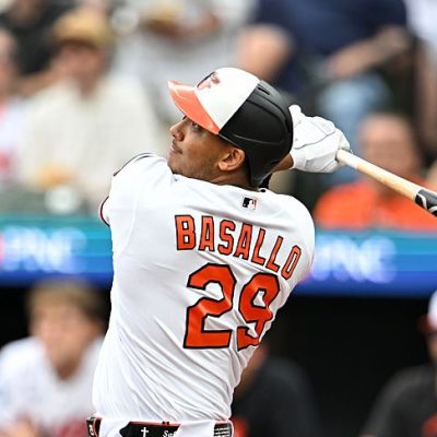 BALTIMORE, MARYLAND - APRIL 01, 2026: Samuel Basallo #29 of the Baltimore Orioles bats during the third inning against the Texas Rangers at Oriole Park at Camden Yards on April 01, 2026 in Baltimore, Maryland. (Photo by Chris Bernacchi/Diamond Images via Getty Images)