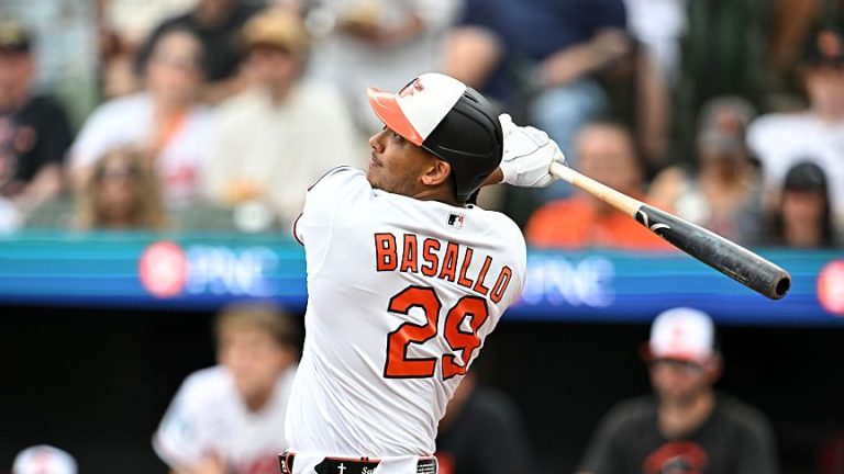 BALTIMORE, MARYLAND - APRIL 01, 2026: Samuel Basallo #29 of the Baltimore Orioles bats during the third inning against the Texas Rangers at Oriole Park at Camden Yards on April 01, 2026 in Baltimore, Maryland. (Photo by Chris Bernacchi/Diamond Images via Getty Images)
