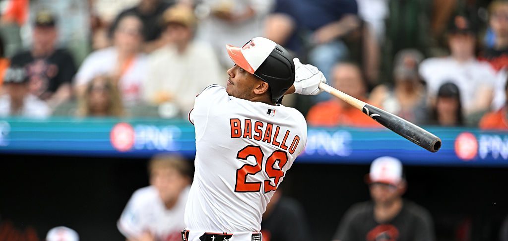 BALTIMORE, MARYLAND - APRIL 01, 2026: Samuel Basallo #29 of the Baltimore Orioles bats during the third inning against the Texas Rangers at Oriole Park at Camden Yards on April 01, 2026 in Baltimore, Maryland. (Photo by Chris Bernacchi/Diamond Images via Getty Images)
