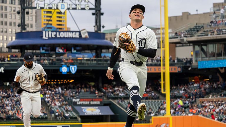 DETROIT, MI - MAY 02: Detroit Tigers shortstop Kevin McGonigle (7) walks toward the dugout during a regular season Major League Baseball game between the Texas Rangers and the Detroit Tigers on May 02, 2026 at Comerica Park in Detroit, Michigan. (Photo by Joseph Weiser/Icon Sportswire via Getty Images)
