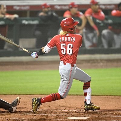 SCOTTSDALE, ARIZONA - MARCH 19, 2026: Edwin Arroyo #56 of the Cincinnati Reds bats during the fifth inning of a spring training Spring Breakout game against the San Francisco Giants at Scottsdale Stadium on March 19, 2026 in Scottsdale, Arizona. (Photo by Chris Bernacchi/Diamond Images via Getty Images)
