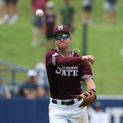 HOOVER, AL - MAY 21: Infielder Ace Reese #3 of the Mississippi State Bulldogs throws out a runner at first base during the SEC Baseball Tournament Quarterfinals game between Mississippi State Bulldogs and Georgia Bulldogs on May 21, 2026, at Hoover Metropolitan Stadium in Hoover, Alabama.(Photo by David Buono/Icon Sportswire via Getty Images)