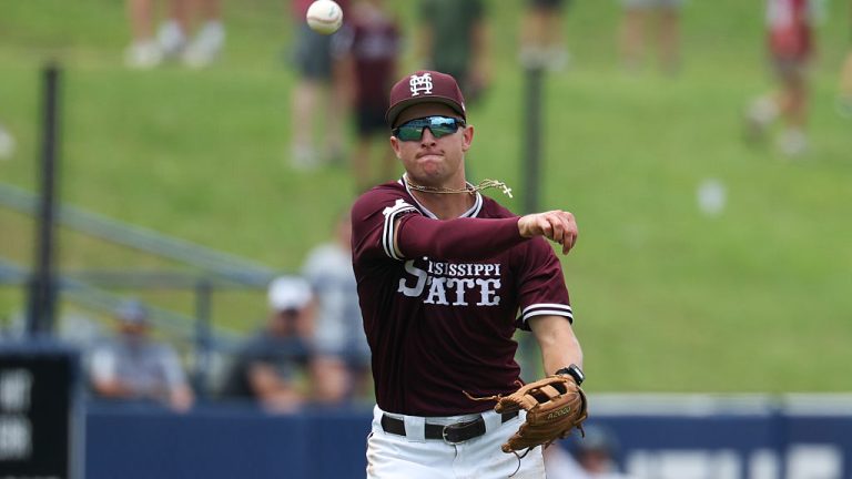 HOOVER, AL - MAY 21: Infielder Ace Reese #3 of the Mississippi State Bulldogs throws out a runner at first base during the SEC Baseball Tournament Quarterfinals game between Mississippi State Bulldogs and Georgia Bulldogs on May 21, 2026, at Hoover Metropolitan Stadium in Hoover, Alabama.(Photo by David Buono/Icon Sportswire via Getty Images)