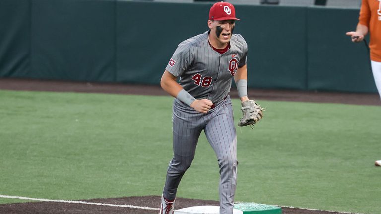 AUSTIN, TX - MARCH 26: Catcher Deiten Lachance #48 of the Oklahoma Sooners jogs off the field after a double play during the SEC college baseball game between Texas Longhorns and Oklahoma Sooners on March 26, 2026, at UFCU Disch-Falk Field in Austin, TX. (Photo by David Buono/Icon Sportswire via Getty Images)