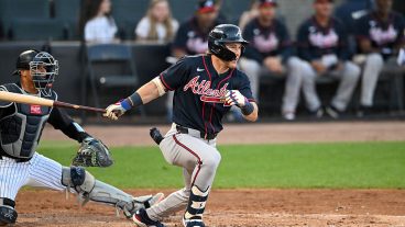 TAMPA, FLORIDA - MARCH 21, 2026: Eric Hartman #64 of the Atlanta Braves hits a single during the second inning of a spring training Spring Breakout game against the New York Yankees at George M. Steinbrenner Field on March 21, 2026 in Tampa, Florida. (Photo by Nick Cammett/Diamond Images via Getty Images)
