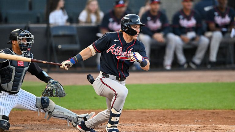 TAMPA, FLORIDA - MARCH 21, 2026: Eric Hartman #64 of the Atlanta Braves hits a single during the second inning of a spring training Spring Breakout game against the New York Yankees at George M. Steinbrenner Field on March 21, 2026 in Tampa, Florida. (Photo by Nick Cammett/Diamond Images via Getty Images)