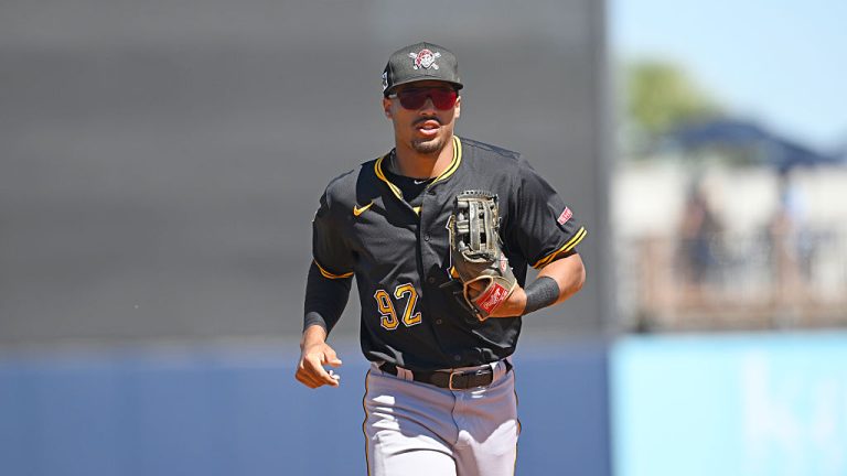 PORT CHARLOTTE, FLORIDA - MARCH 19, 2025: Lonnie White Jr. #92 of the Pittsburgh Pirates runs off the field after the seventh inning of a spring training game against the Tampa Bay Rays at Charlotte Sports Park on March 19, 2025 in Port Charlotte, Florida. (Photo by George Kubas/Diamond Images via Getty Images)