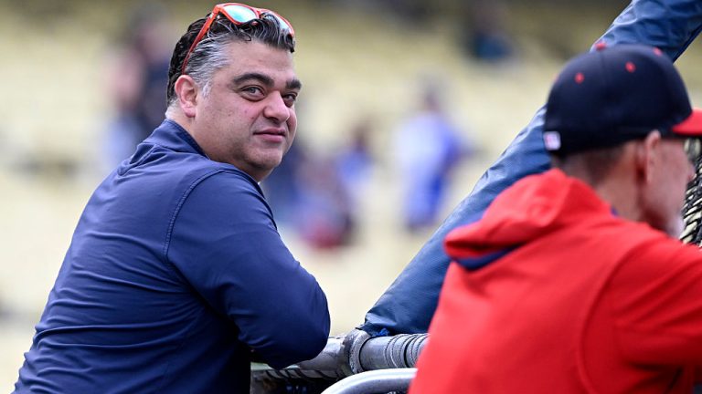 Los Angeles, CA - May 16: General manager Perry Minasian of the Los Angeles Angels during batting practice prior to a baseball game between the Los Angeles Dodgers and the Los Angeles Angels at Dodger Stadium in Los Angeles on Friday, May 16, 2025.(Photo by Keith Birmingham/MediaNews Group/Pasadena Star-News via Getty Images)